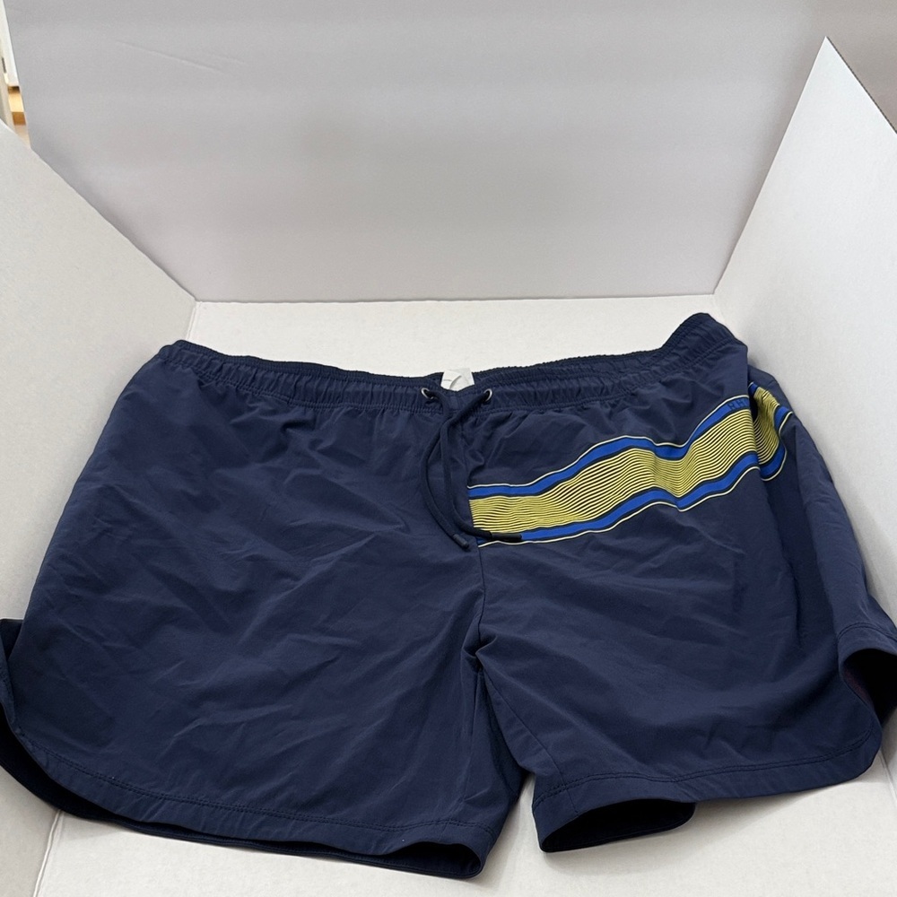 RHONE Navy Swim Trunks with Yellow and Blue Stripe